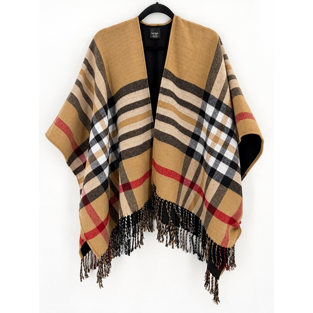 Lord & Taylor Shawl Wrap Women OS Tan Plaid Fringe Open Front Preppy Heritage